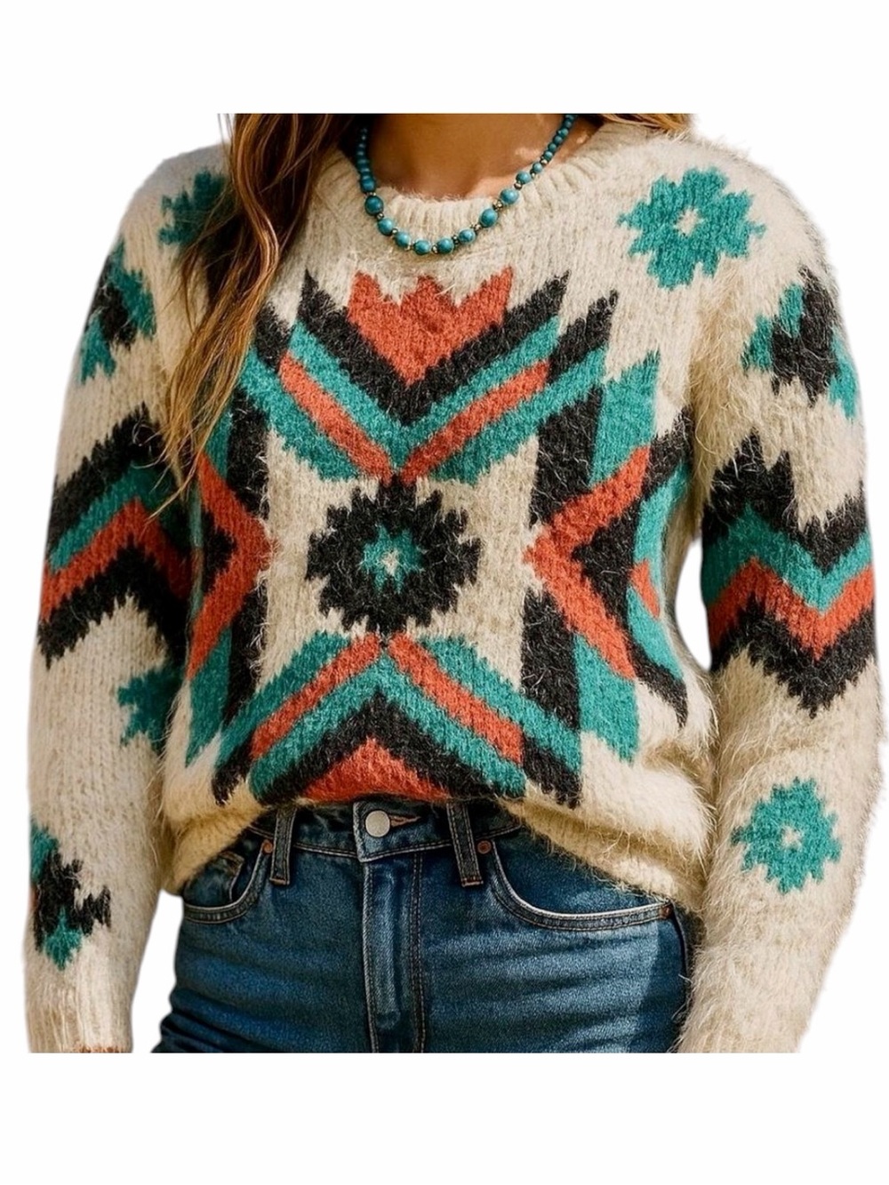 36 Point 5 Eyelash Aztec Geometric Boho‎ Sweater Cream Teal Coral Size S